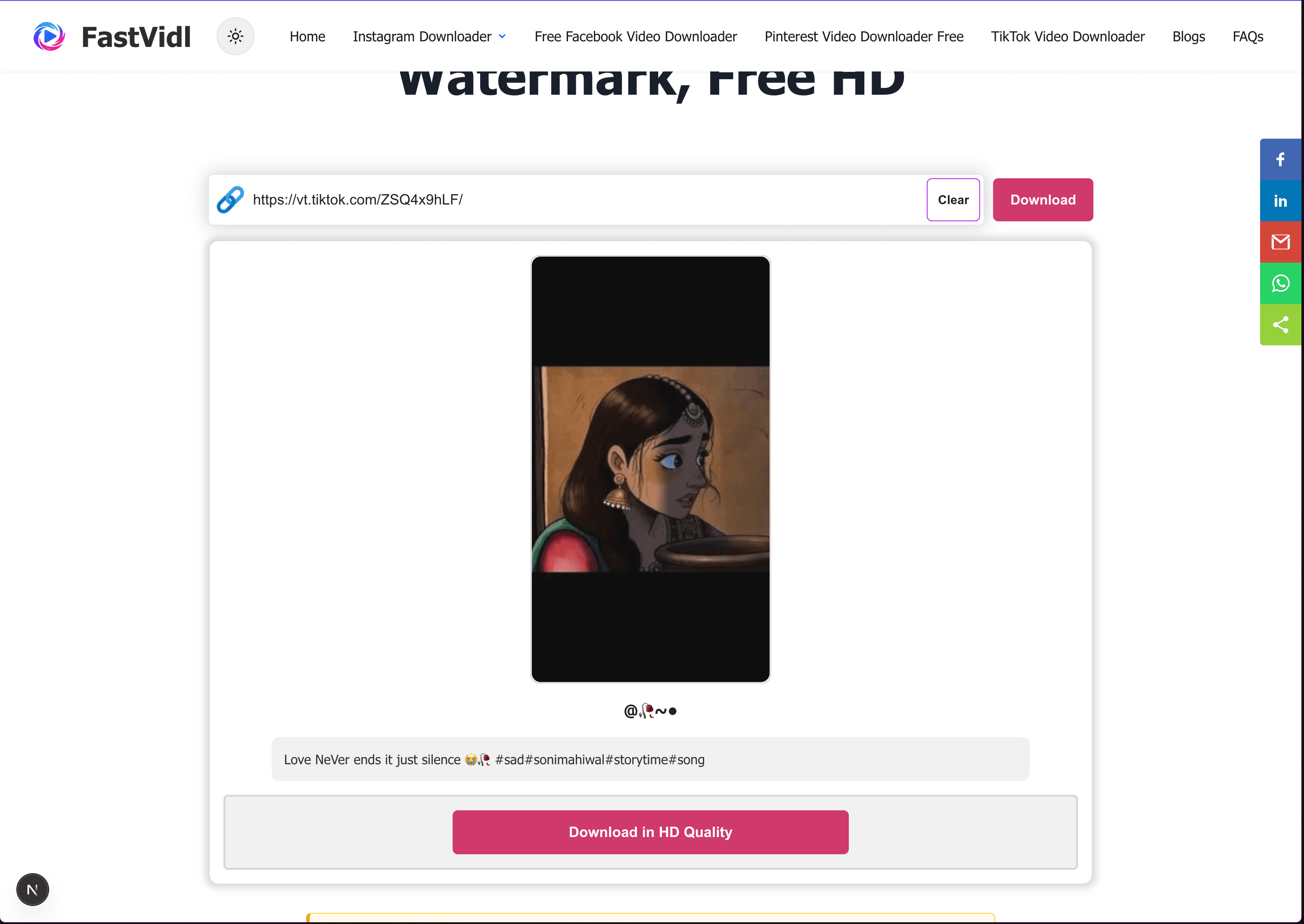 Downloading a TikTok video on Windows or Mac with FastVidl in a desktop browser
