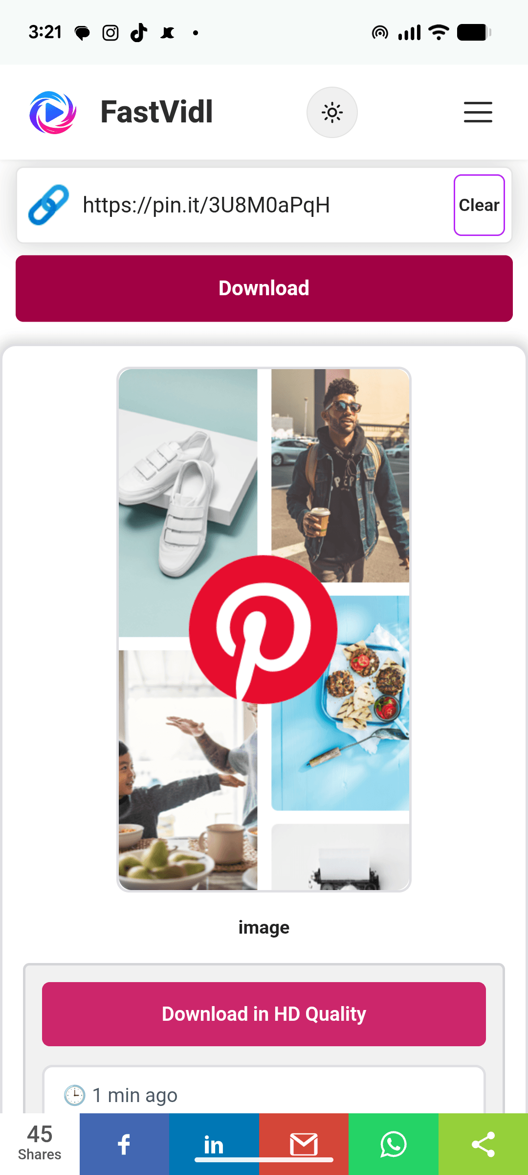 Downloading a Pinterest video on Android with FastVidl in Chrome