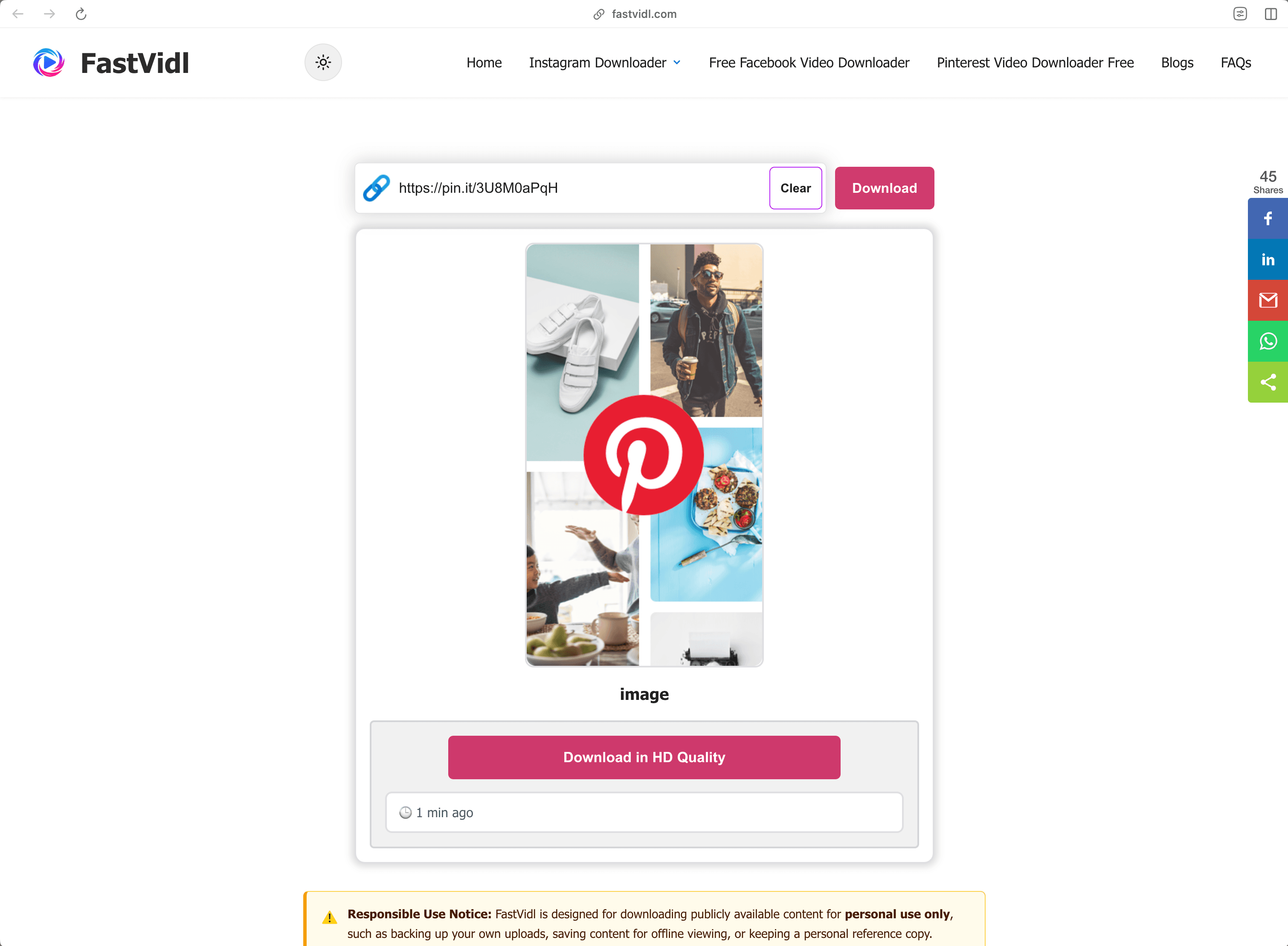 Downloading a Pinterest video on Windows or Mac with FastVidl in a desktop browser