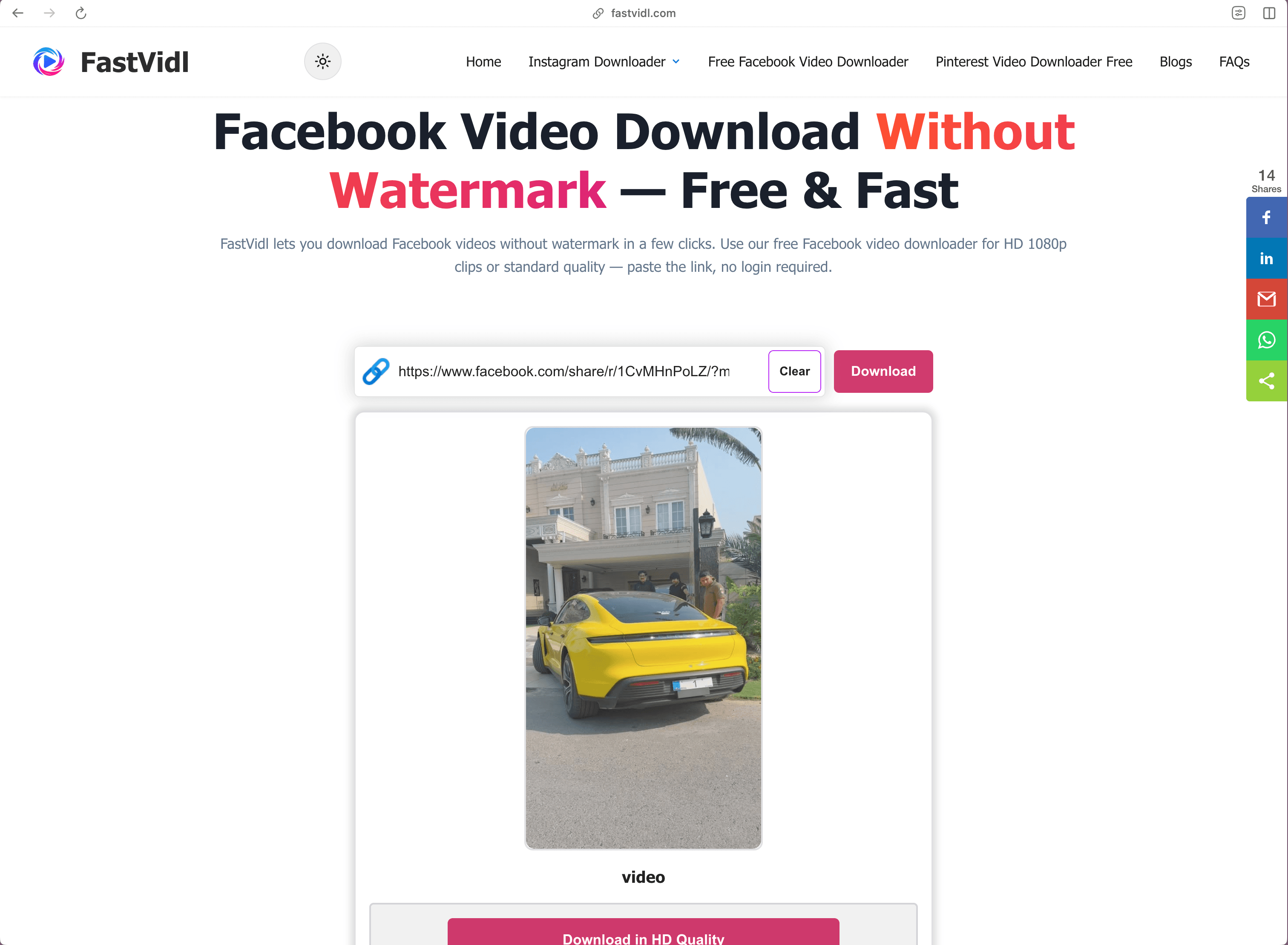Downloading a Facebook video on Windows or Mac with FastVidl in a desktop browser