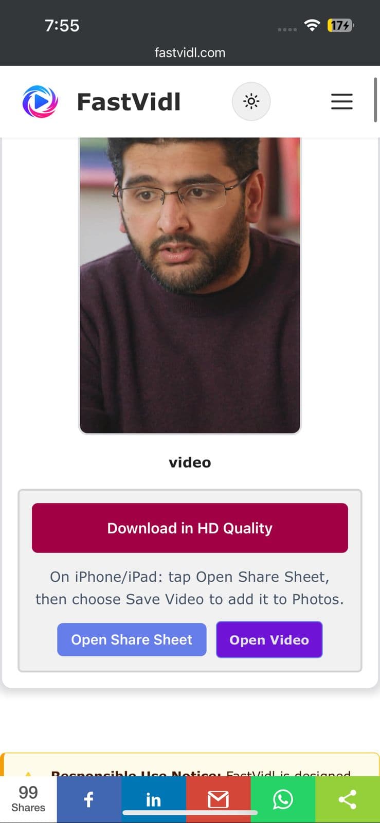 FastVidl Facebook video download ready on iPhone in Safari