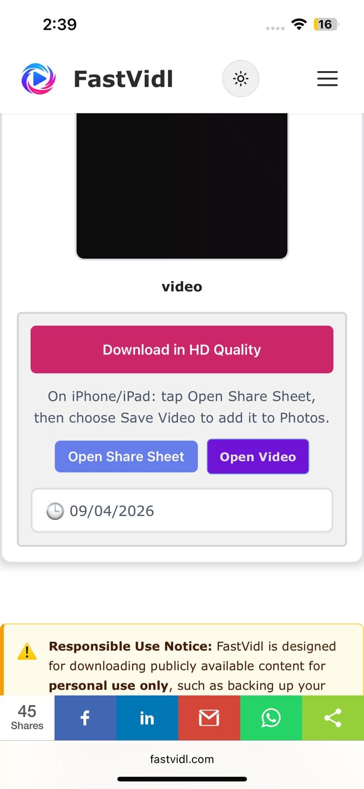 Download in HD Quality and Open Share Sheet buttons on iPhone