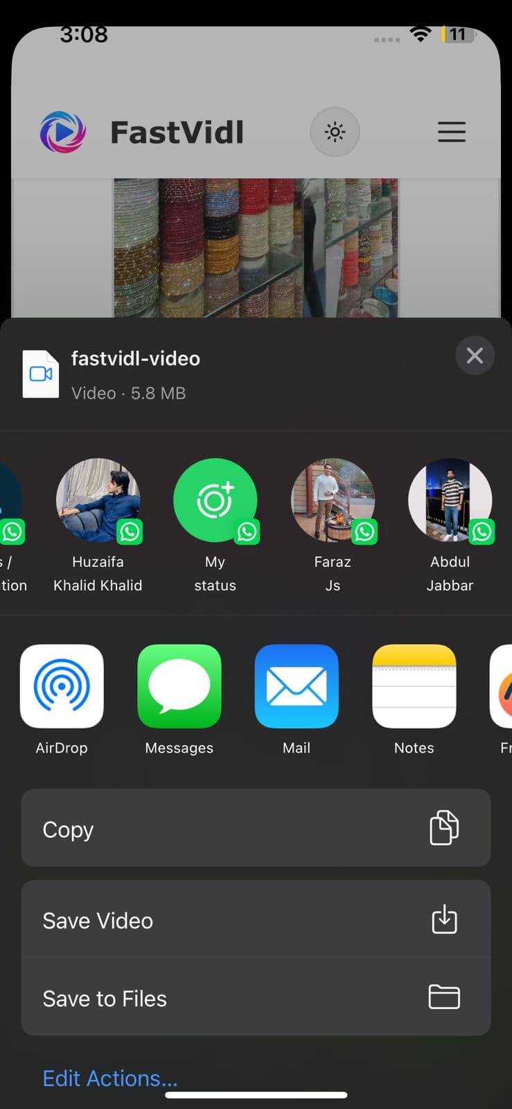 iOS share sheet showing Save Video to save a Pinterest clip to Photos